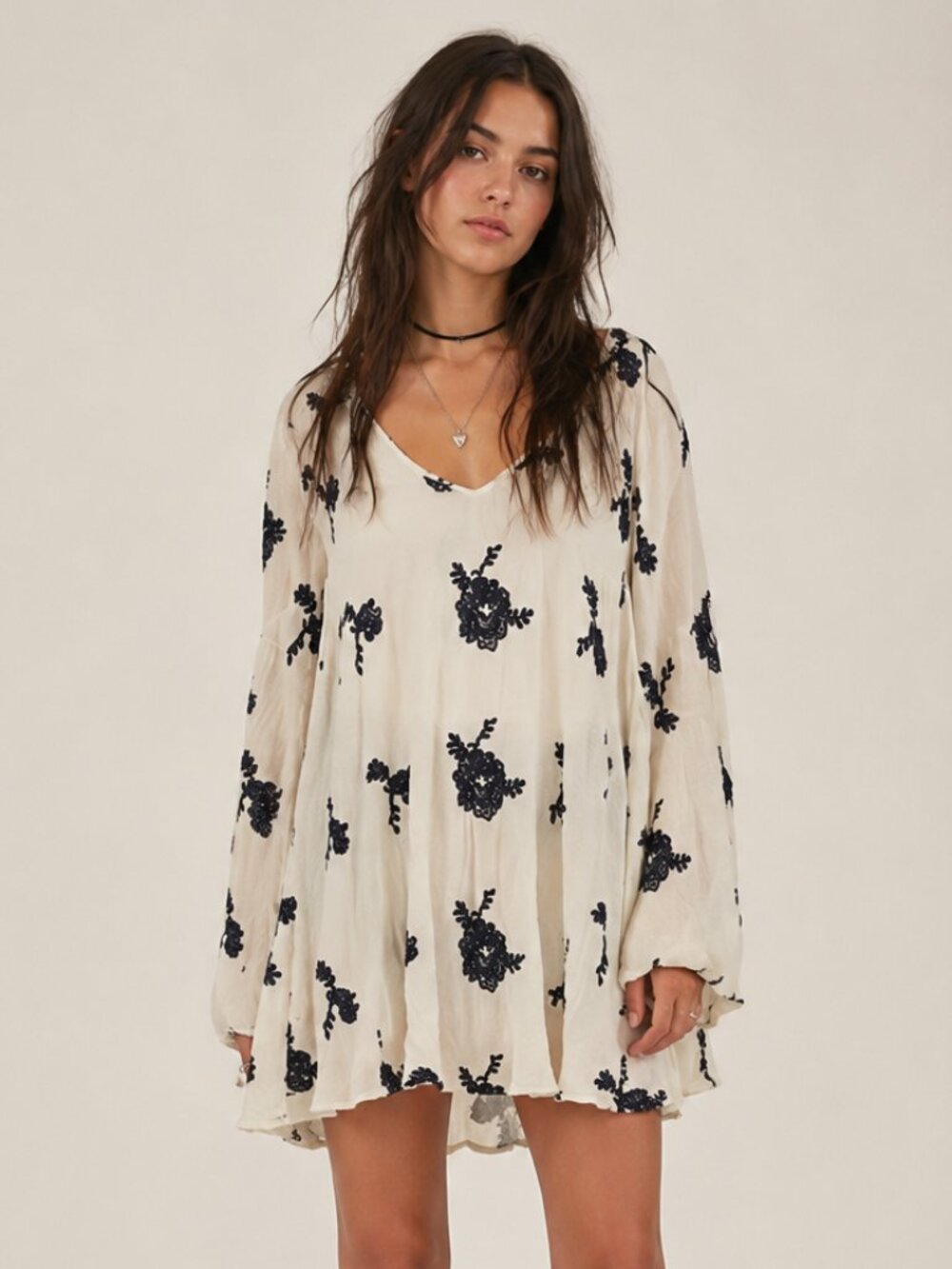 Vintage Y2K Free People Floral Mini Dress Small White Blue Swing 90s Grunge